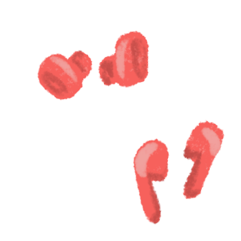 pair of Samsung earbuds and pair of airpods in shades of red